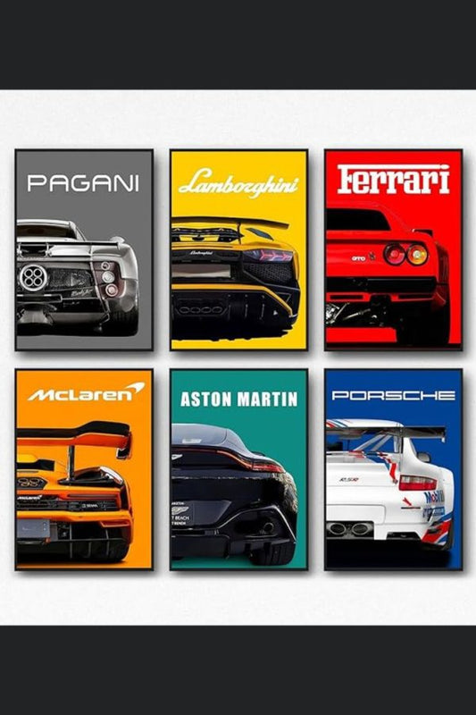 Set of 6 Metal Printed Car Wall Art